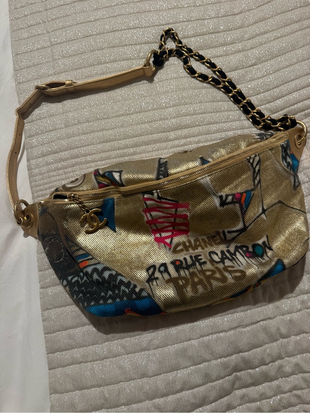 CHANEL Gold Egyptian Multicolor Graffiti-Print Chain Shoulder Bag
